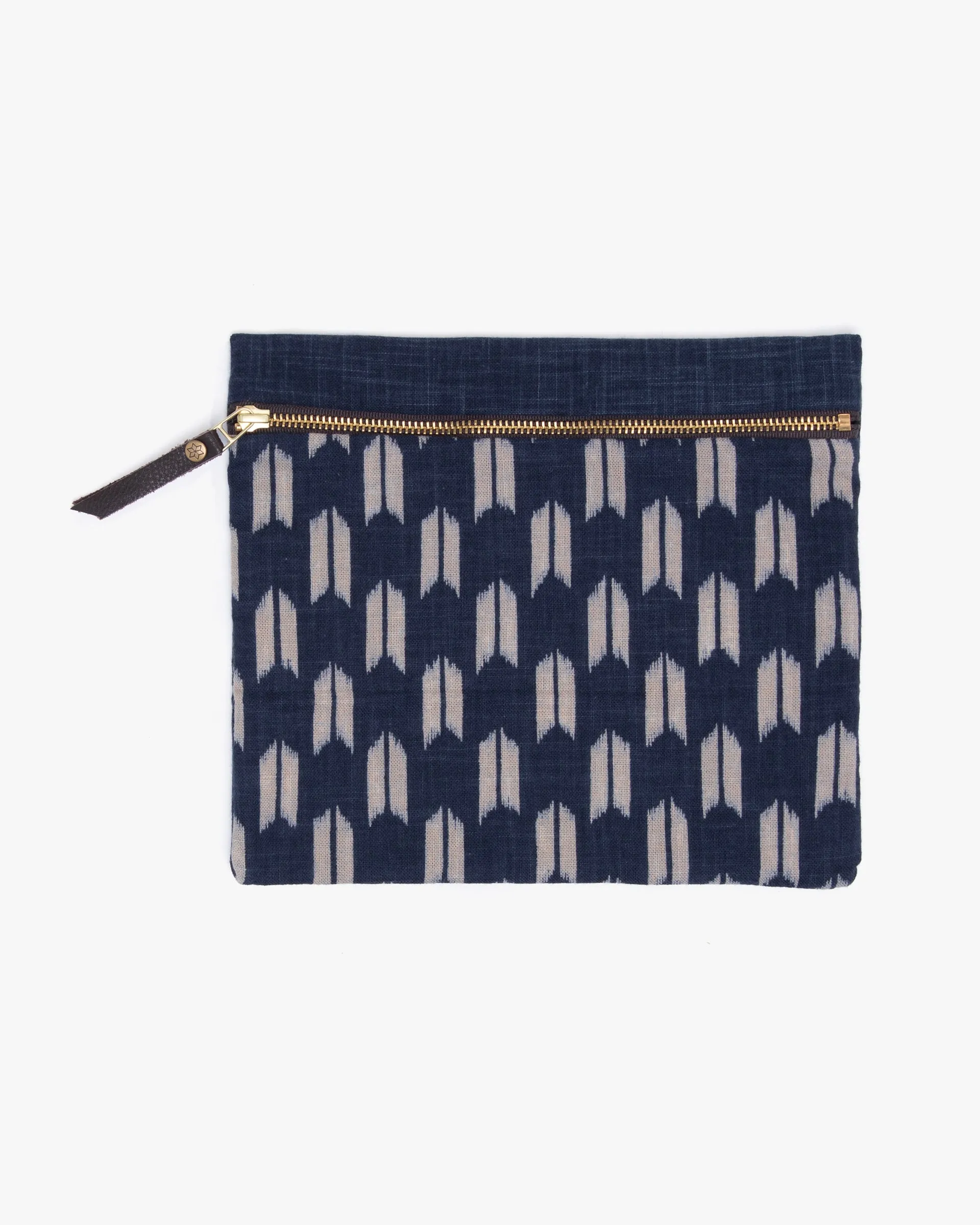 Original Flat Medium Zipper Pouch, Two Tone Indigo Yagasuri sold by Kiriko