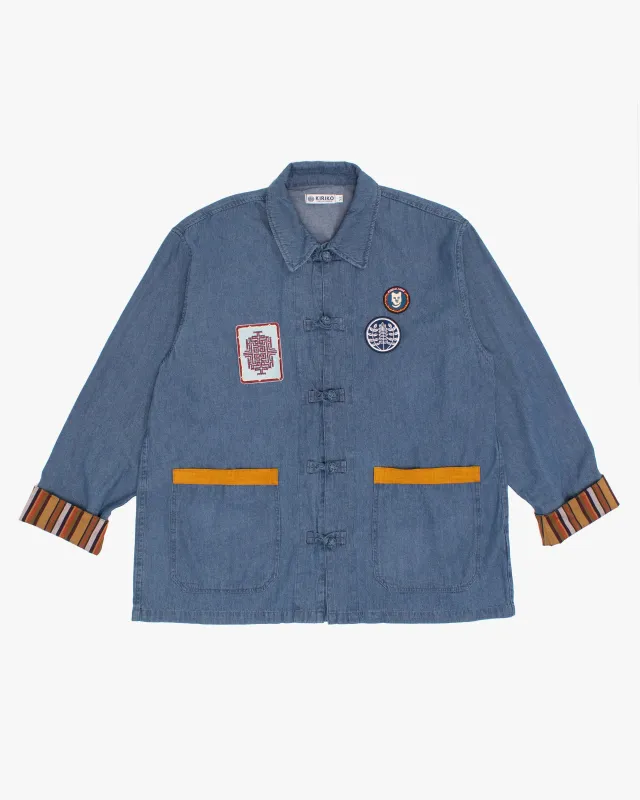 Kiriko Original Lightweight Mandarin Jacket, Light Indigo Denim with Patches and Yellow Shima made by Kiriko