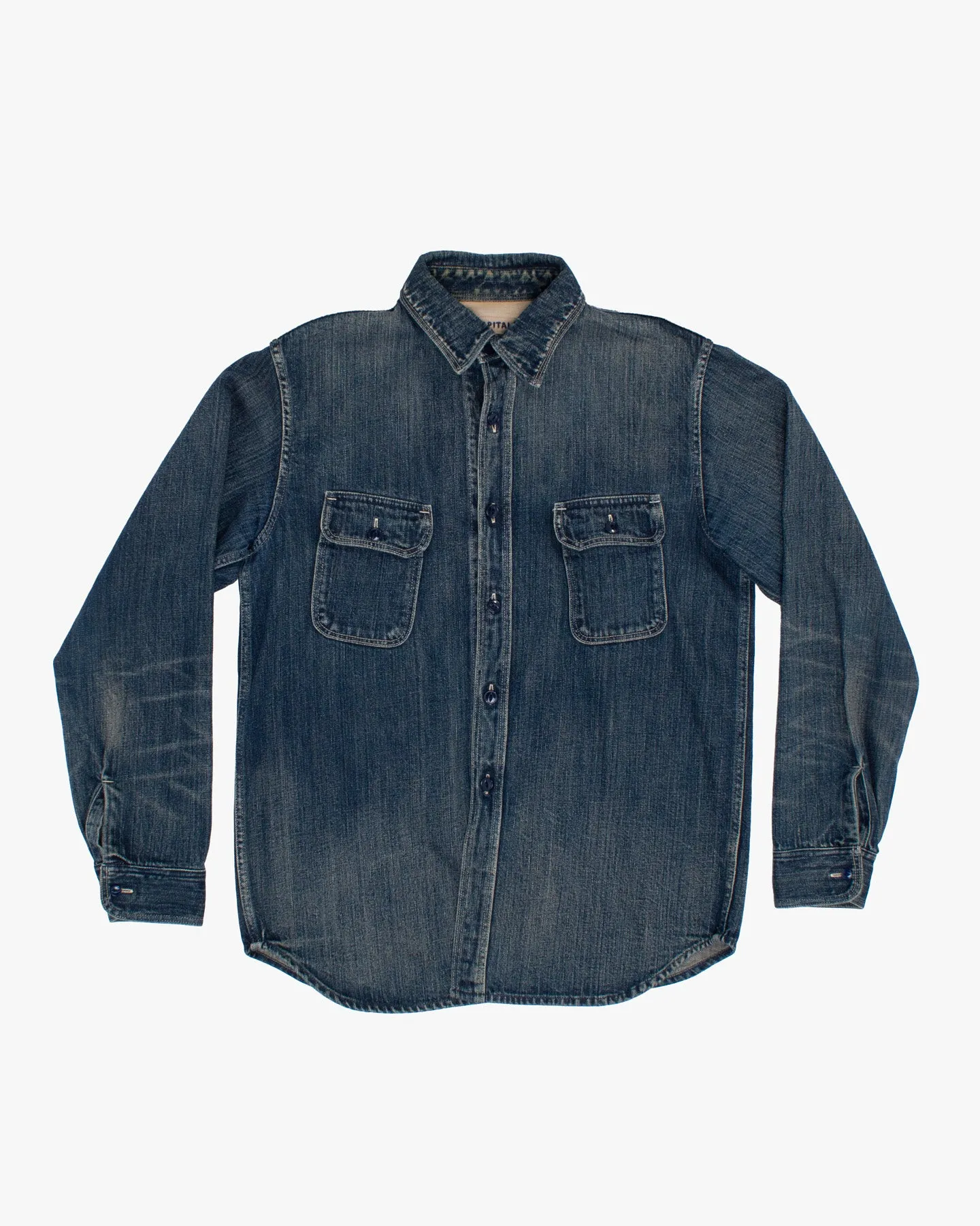 Japanese Repro Denim Jacket, L, Kapital, Medium Wash with Navy Buttons sold by Kiriko