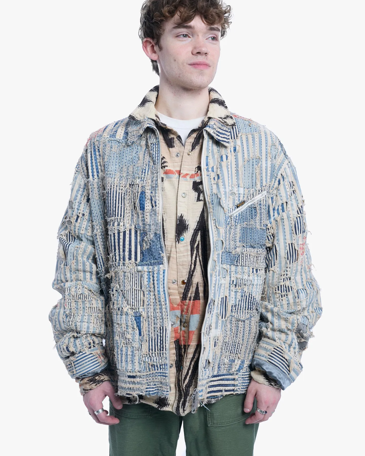 Japanese Repro Denim Jacket, XL, Kapital, Patched Boro, White, Blue, and Red sold by Kiriko