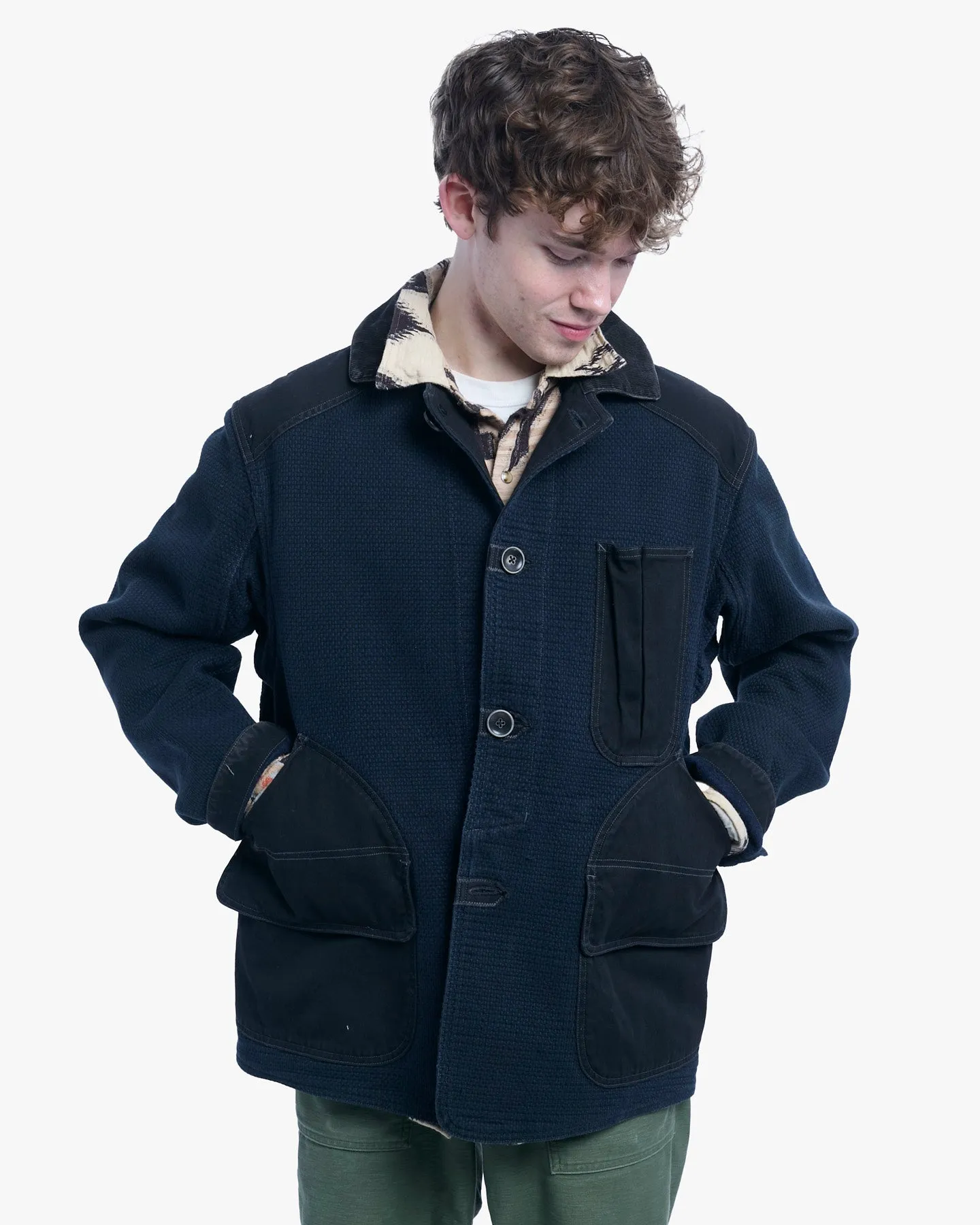 Japanese Repro Chore Coat, L, Kapital, Navy with Dark Denim Accents sold by Kiriko