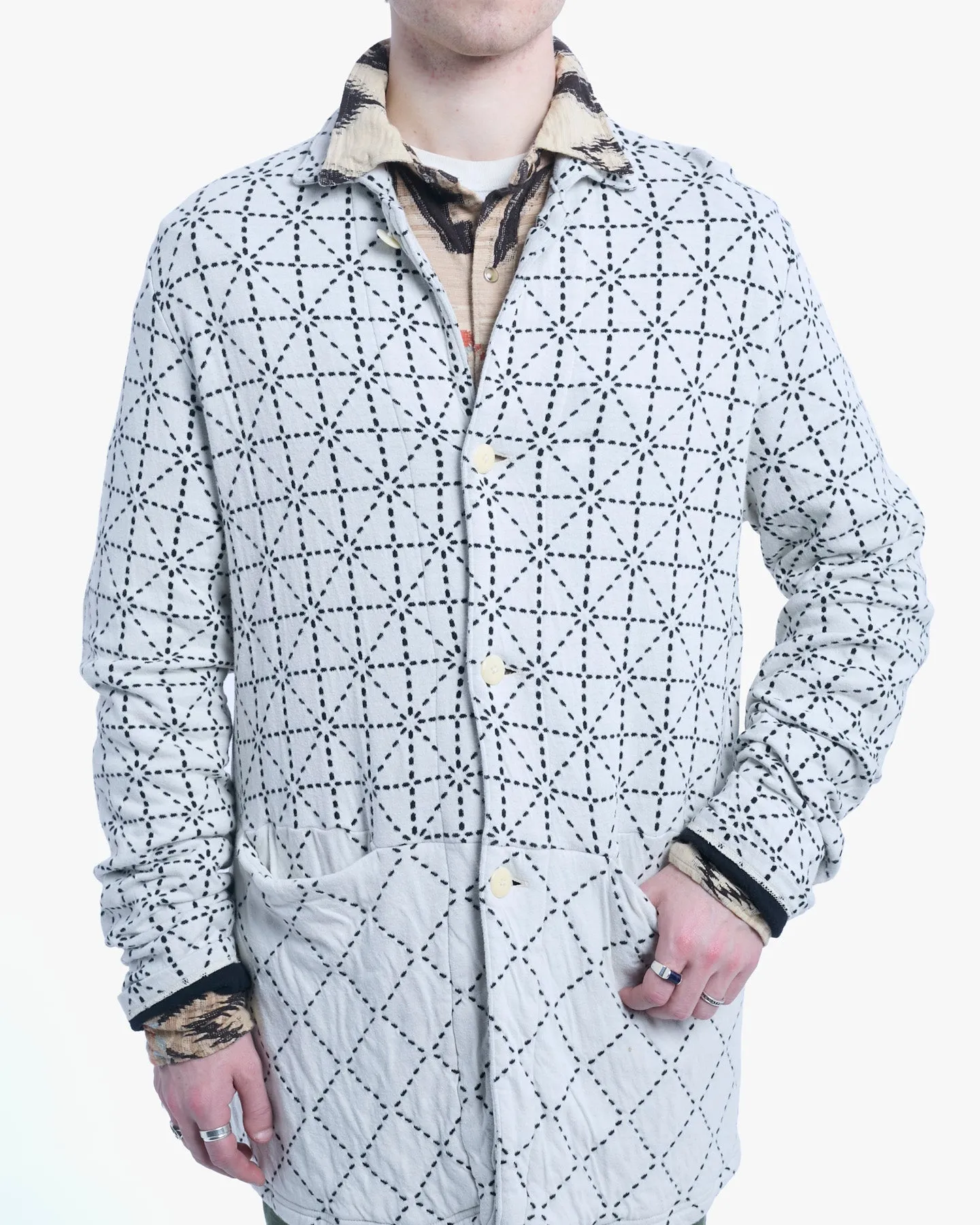 Japanese Repro Chore Coat, XL, Kapital, White with Black Geometric Pattern sold by Kiriko product image thumbnail 2