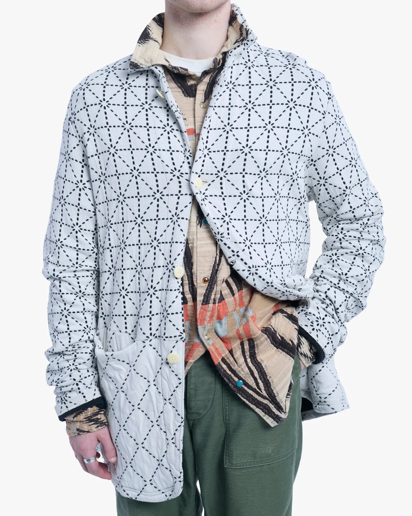 Japanese Repro Chore Coat, XL, Kapital, White with Black Geometric Pattern sold by Kiriko