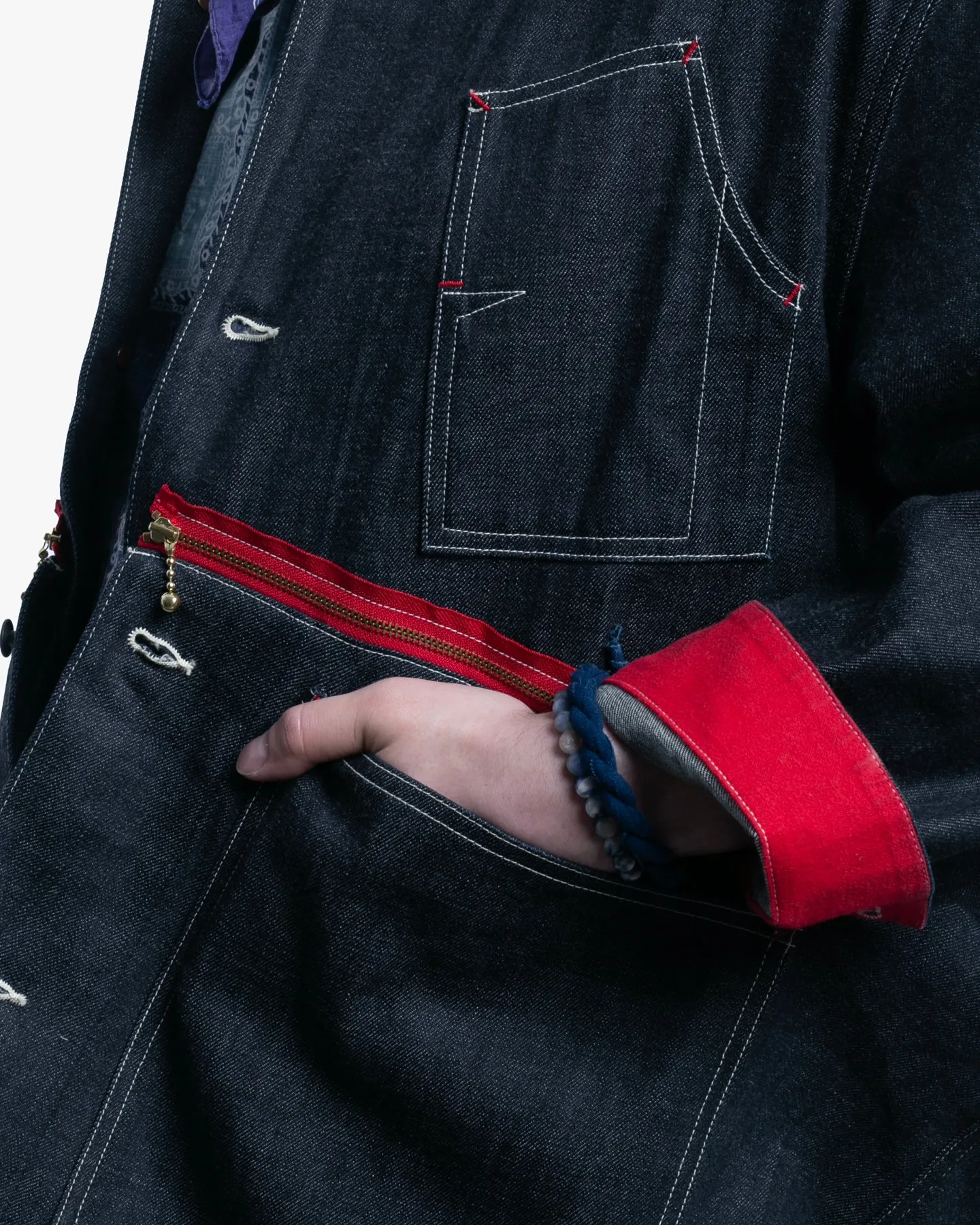 Japanese Repro Denim Chore Coat, S, Kapital, Dark Wash with Zipper and Red Accents sold by Kiriko product image thumbnail 5