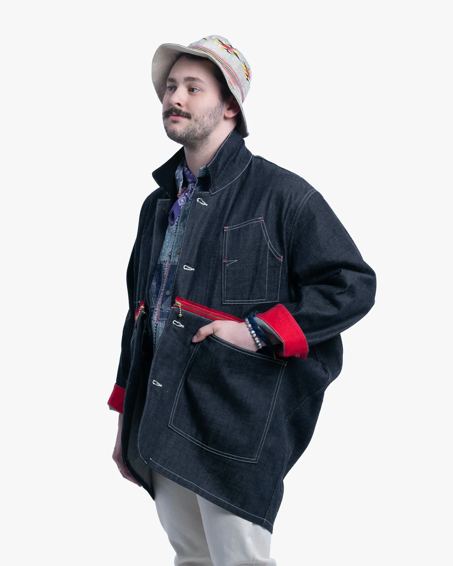 Japanese Repro Denim Chore Coat, S, Kapital, Dark Wash with Zipper and Red Accents sold by Kiriko product image thumbnail 3