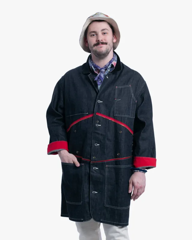 Japanese Repro Denim Chore Coat, S, Kapital, Dark Wash with Zipper and Red Accents made by Kiriko