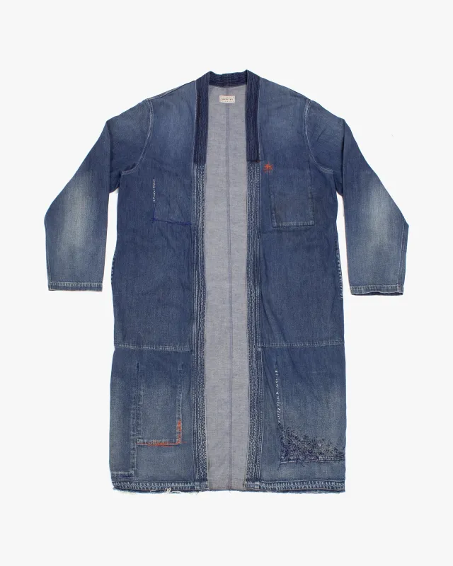 Japanese Repro Denim Robe, M, Kapital, Medium Wash with Multicolor Stitched Details made by Kiriko