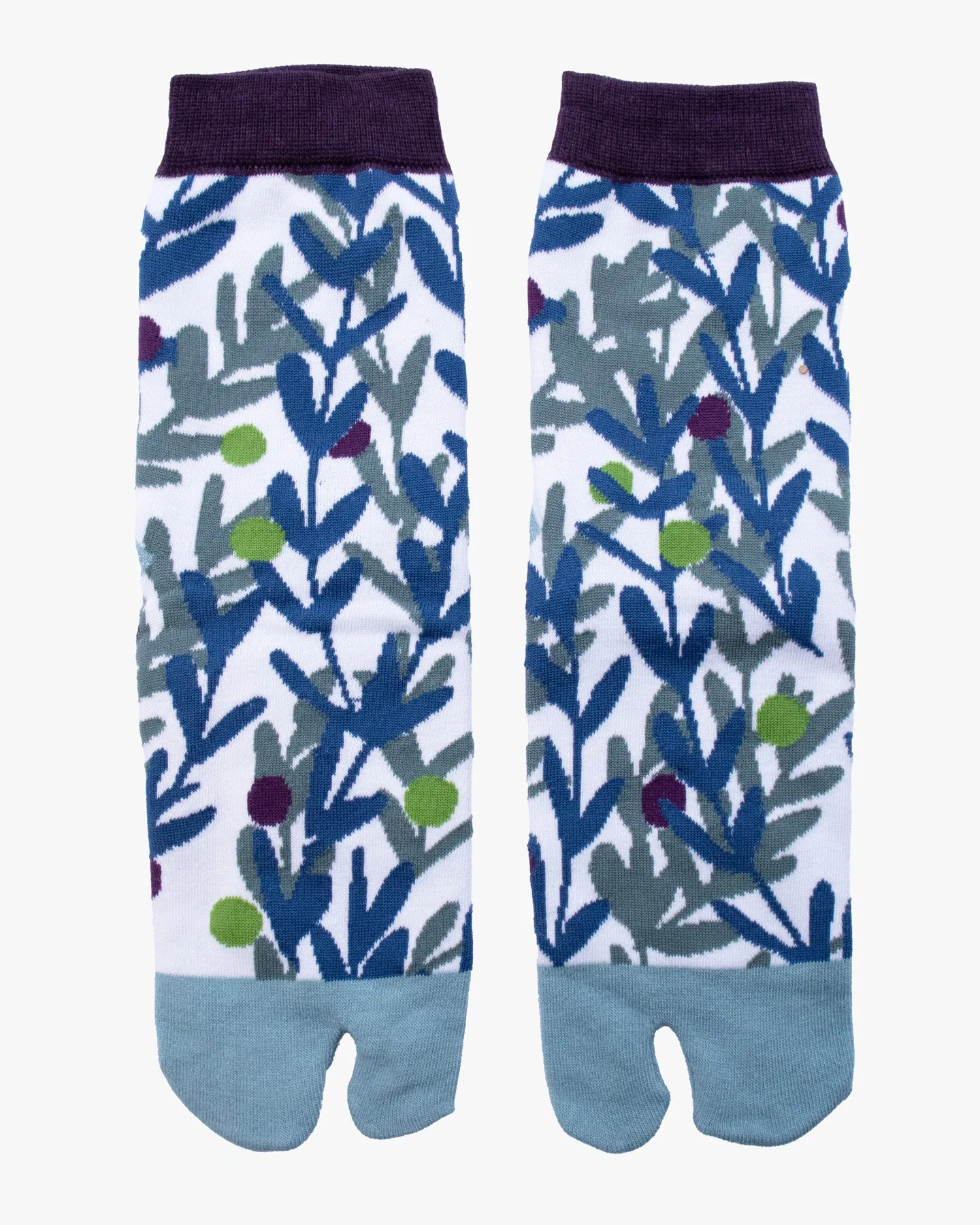 Kurochiku, Tabi Socks, Crew, White with Blue and Teal Leaves (S/M) sold by Kiriko