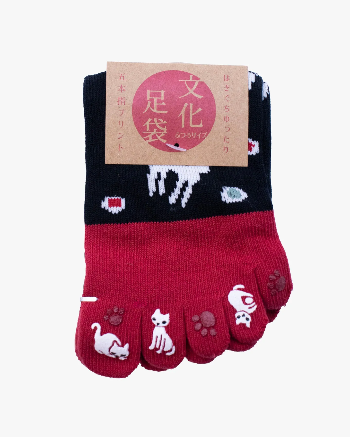 Kurochiku, Toe Socks, Crew, Red and Black with Cats (S/M) sold by Kiriko product image thumbnail 4