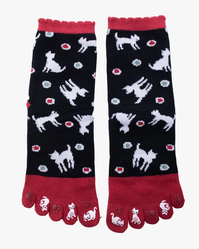 Kurochiku, Toe Socks, Crew, Red and Black with Cats (S/M) made by Kiriko
