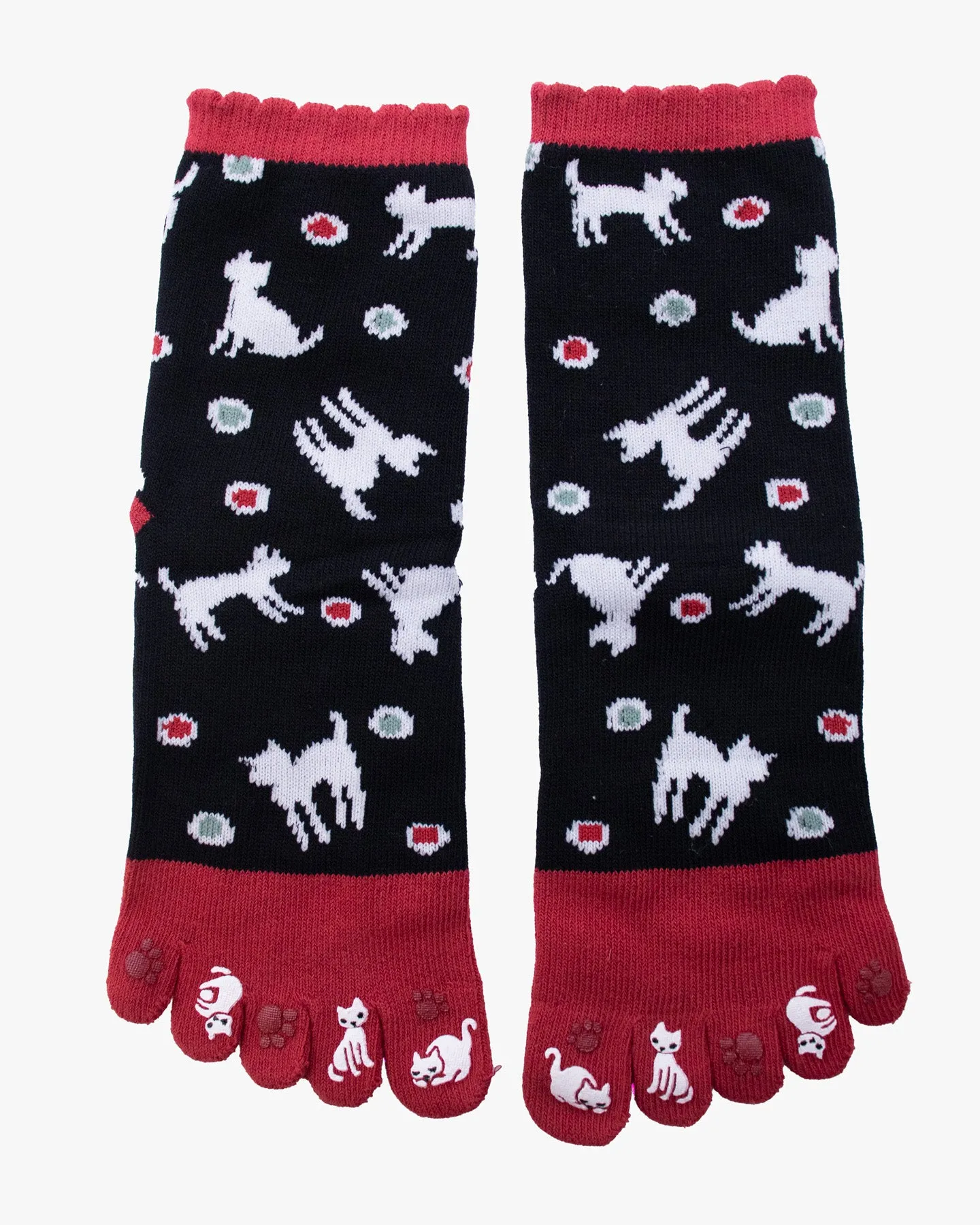 Kurochiku, Toe Socks, Crew, Red and Black with Cats (S/M) sold by Kiriko