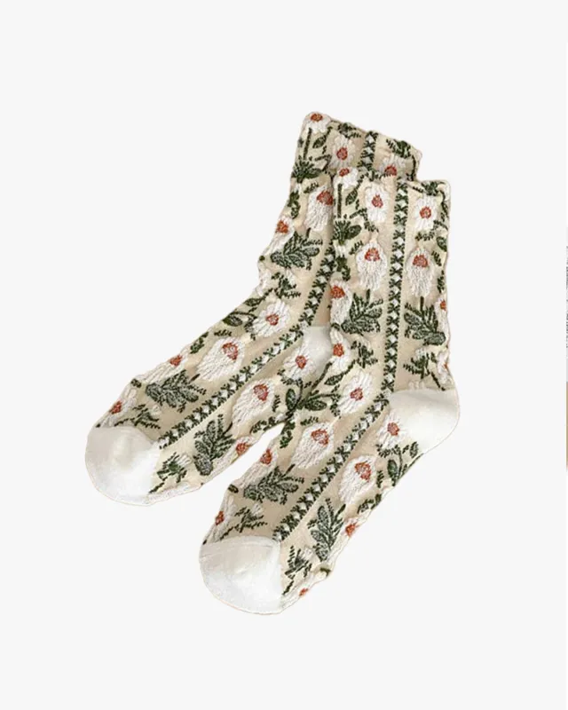 Tourtiwi, Crew Socks, Embossed Retro Oil Painting Style Floral made by Kiriko