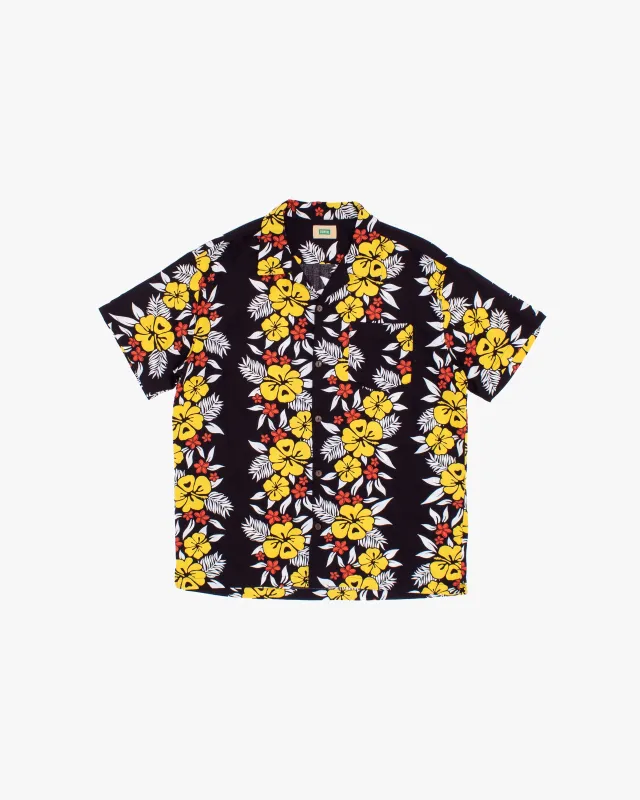 Japanese Repro Aloha Shirt, M, Edwin, Yellow Hibiscus Flowers on Black made by Kiriko