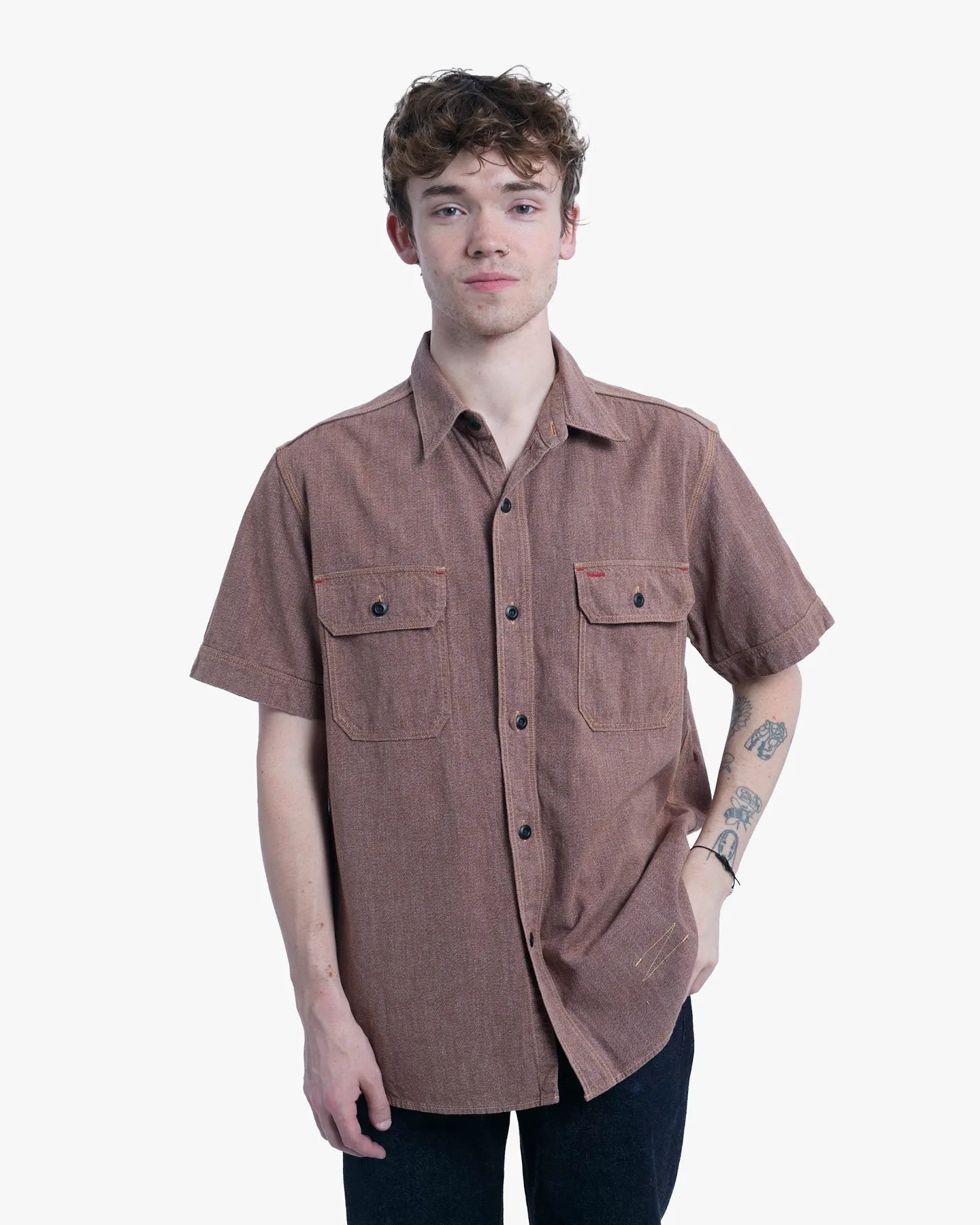 Japanese Repro Short-Sleeve Shirt, XL, Jelado, Brown with Orange and Red Stitching Details sold by Kiriko