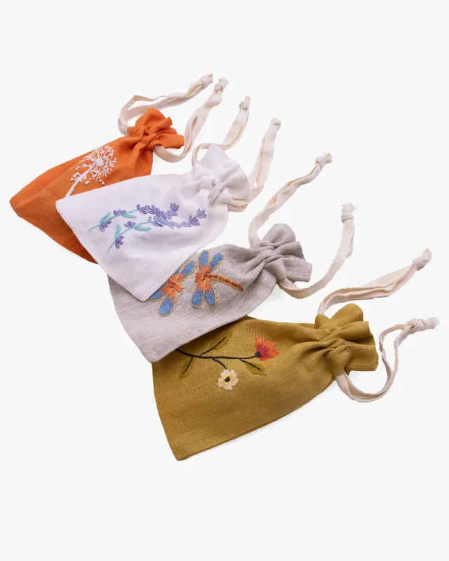 Wooven, Small Drawstring Pouch, Hand Embroidered Linen, Botanicals made by Kiriko