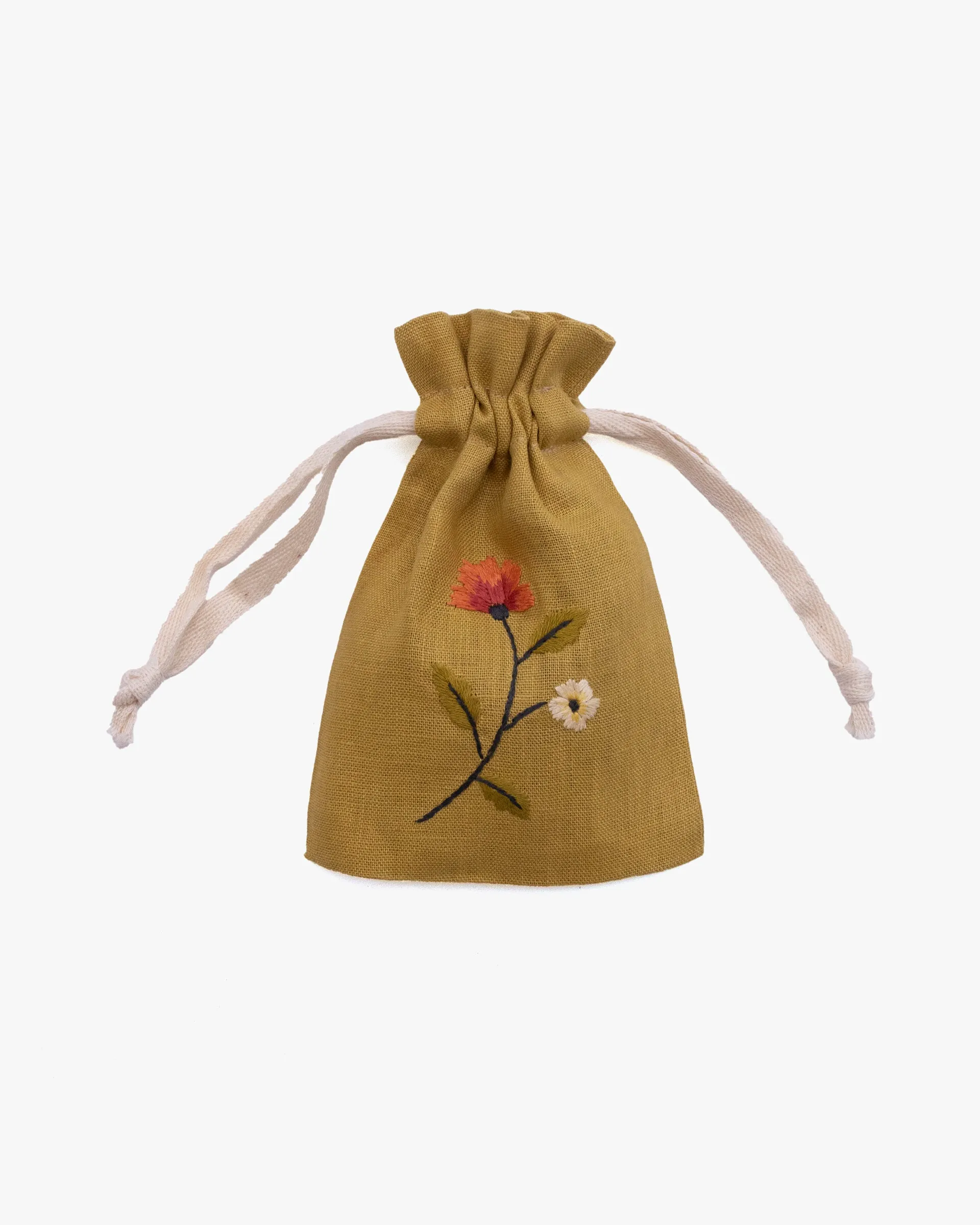 Wooven, Small Drawstring Pouch, Hand Embroidered Linen, Botanicals sold by Kiriko product image thumbnail 5