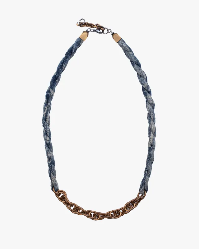 Boet X Kiriko Boro Collar Necklace, Vintage Washed Indigo with White Katazome made by Kiriko