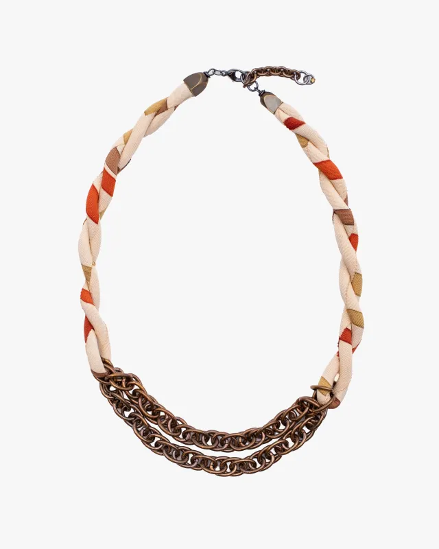 Boet X Kiriko Boro Collar Necklace, Silk Kimono, Warm Tones on Cream made by Kiriko