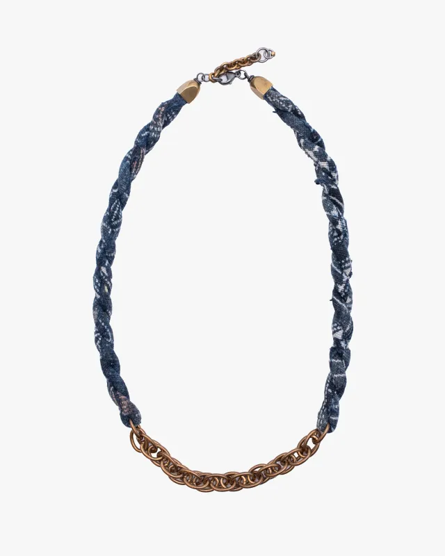 Boet X Kiriko Boro Collar Necklace, Vintage Washed Indigo with White and Coral Katazome made by Kiriko