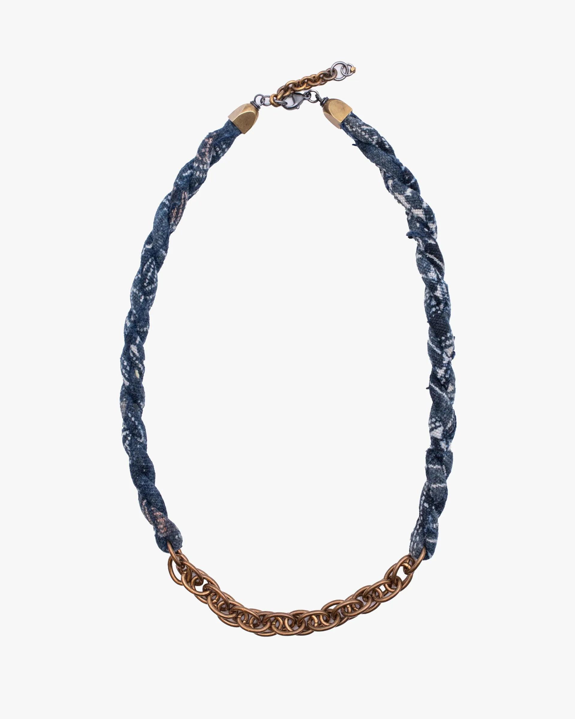Boet X Kiriko Boro Collar Necklace, Vintage Washed Indigo with White and Coral Katazome sold by Kiriko