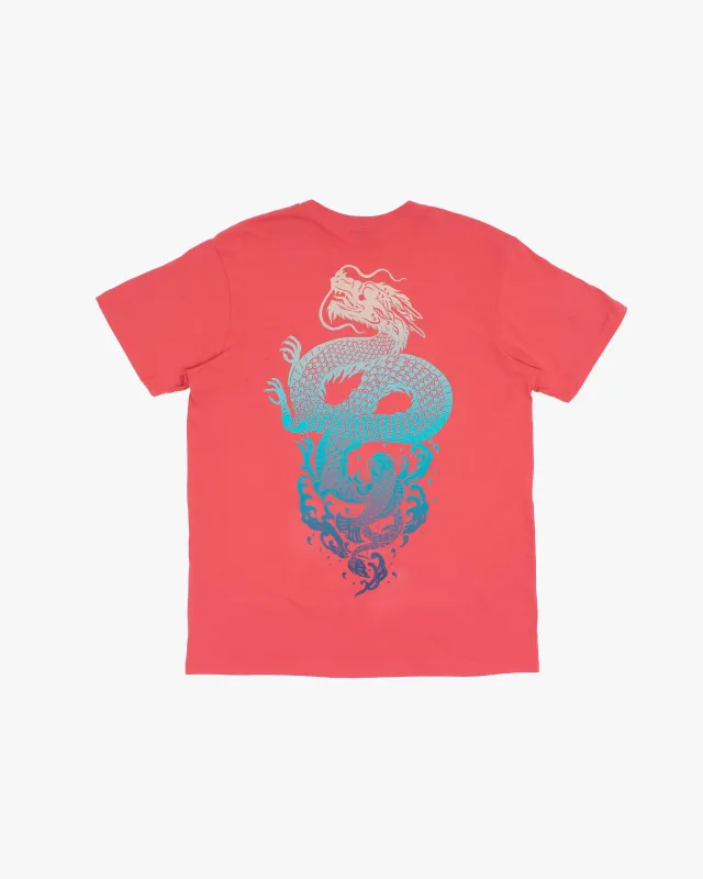 Kiriko Original Tee, 6 oz Cotton, Coral with Blue Koi Dragon made by Kiriko