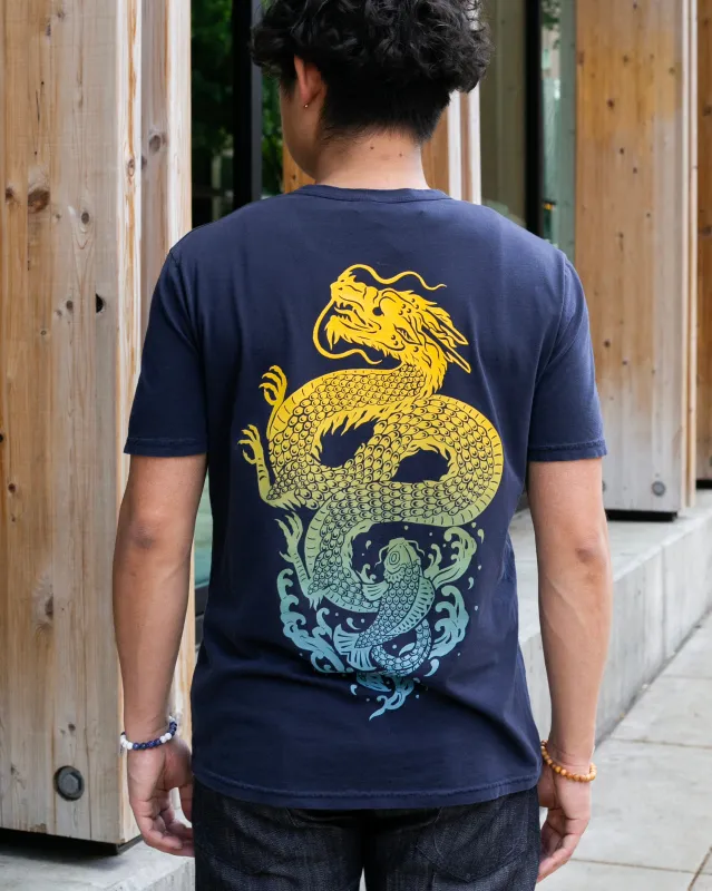 Kiriko Original Tee, 6 oz Cotton, Navy with Yellow Gradient Koi-Dragon made by Kiriko