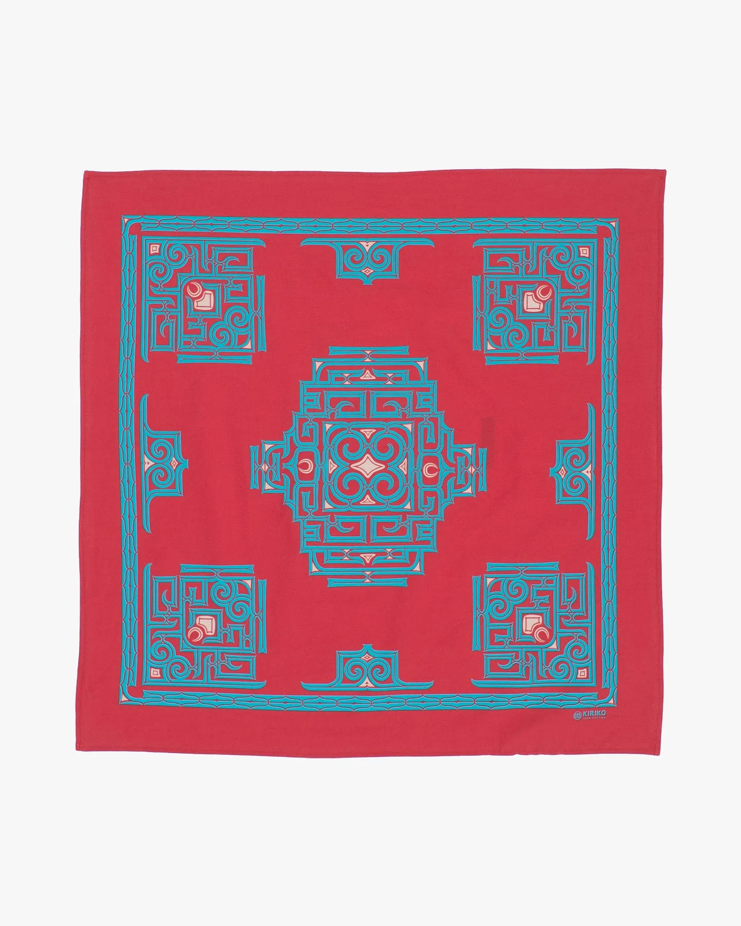 Kiriko Original Screen Printed, Custom-Dyed Bandana, Red with Blue Ainu sold by Kiriko product image thumbnail 2