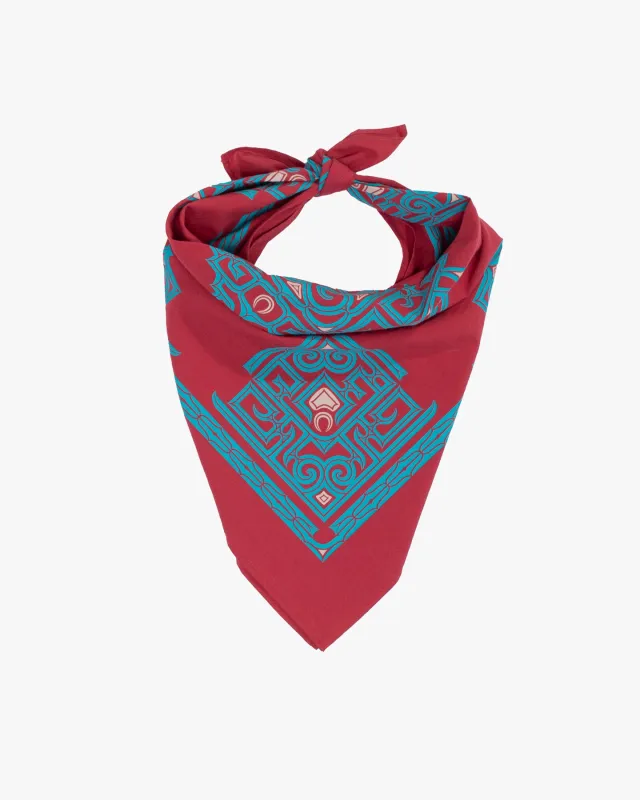 Kiriko Original Screen Printed, Custom-Dyed Bandana, Red with Blue Ainu made by Kiriko