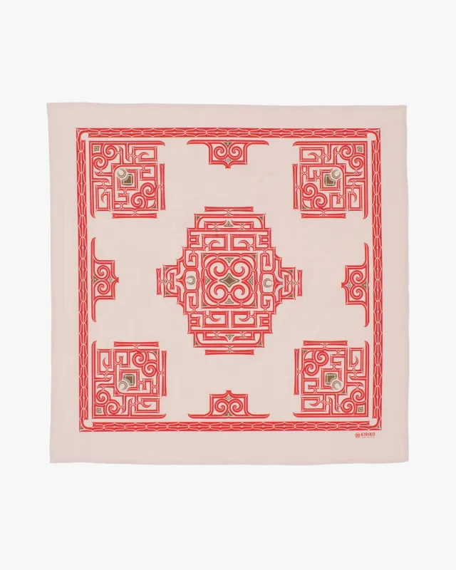 Kiriko Original Screen Printed, Custom-Dyed Bandana, Cream with Red Ainu made by Kiriko