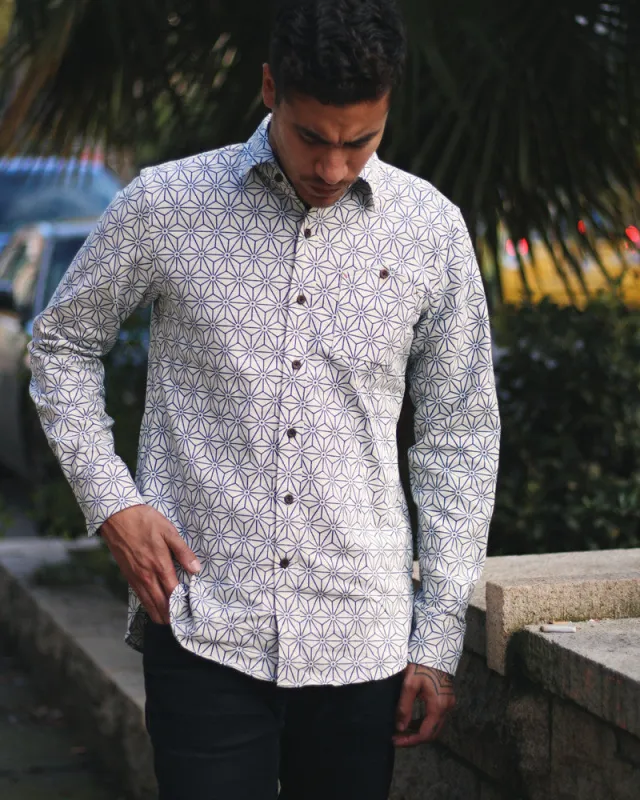 Kiriko Original Shirt, Long Sleeve Button-Up, White Asanoha made by Kiriko