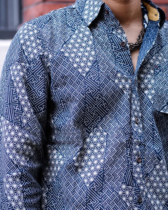 Kiriko Original Shirt, Long Sleeve Button-Up, Indigo Small Multi made by Kiriko