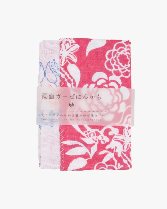 Kurochiku, Two-Sided Cotton Handkerchief, Pink with White Flowers made by Kiriko