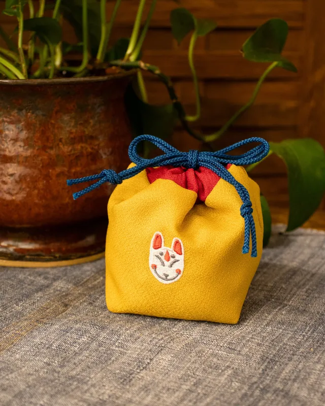 Embroidered Kinchaku, Miyamoto, Yellow Kitsune made by Kiriko