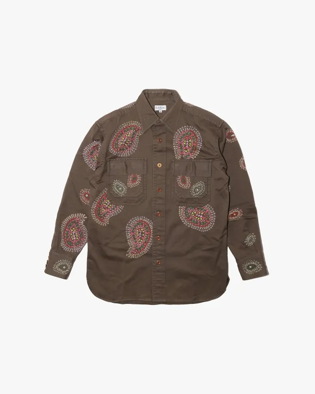 Japanese Repro Long-Sleeve Shirt, M, Paul Smith, Brown with Multicolor Embroidered Paisley made by Kiriko