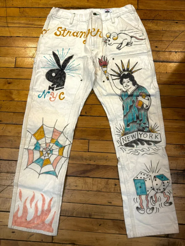 Left Field x Low Timers,  NYC inspired  hand drawn work pants  - Natural Mt Vernon Duck Double Knee Work Uniform  Chino Size 38" running 36" sold by Left Field