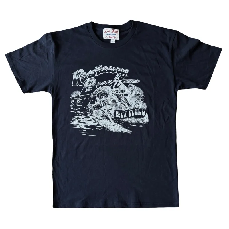 Left Field x Rockaway Beach Surf Club Cotton Crew Navy Tee check sizing specs sold by Left Field