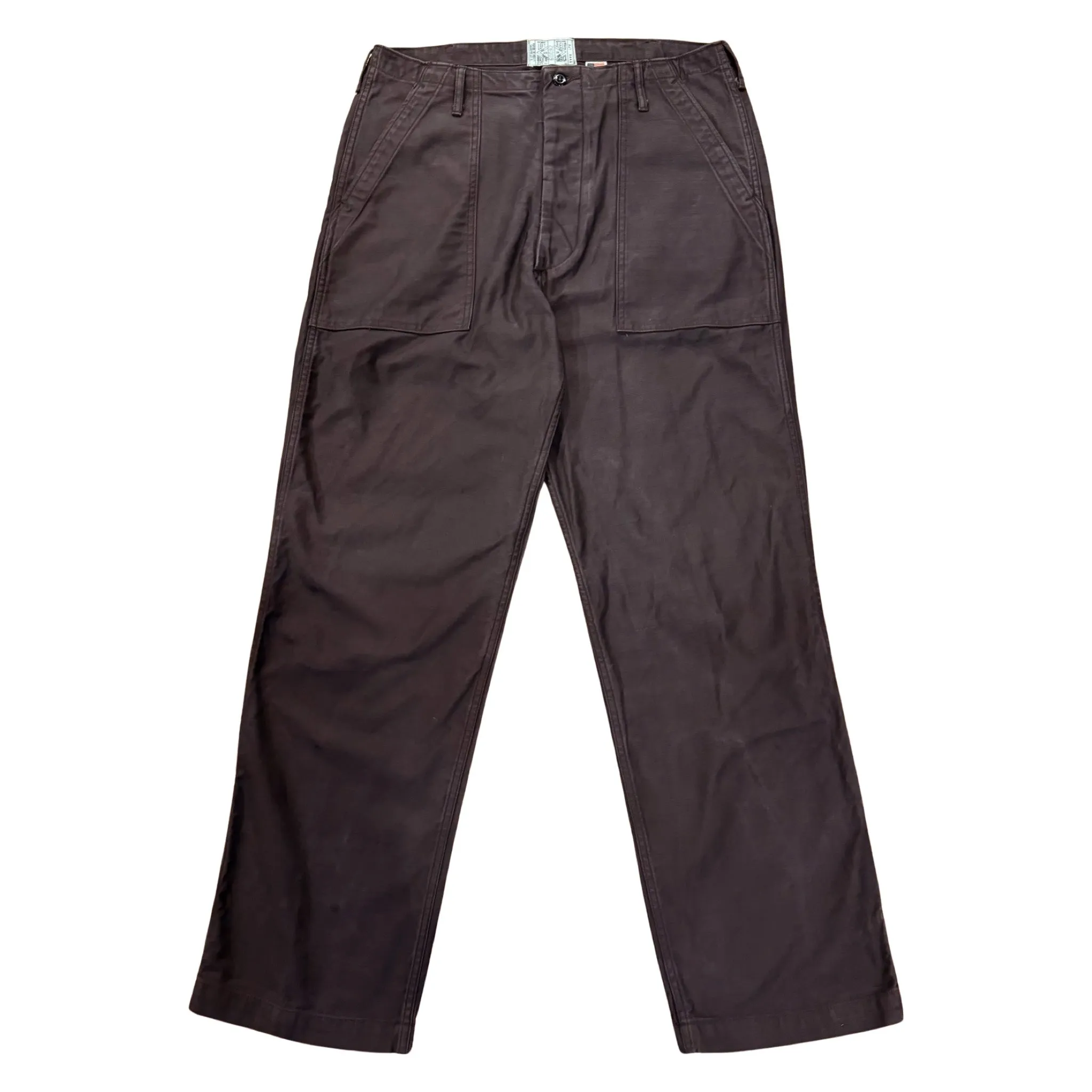 107 60's era GI chinos in 12 oz faded slate Baker Back Cotton Satin. sold by Left Field