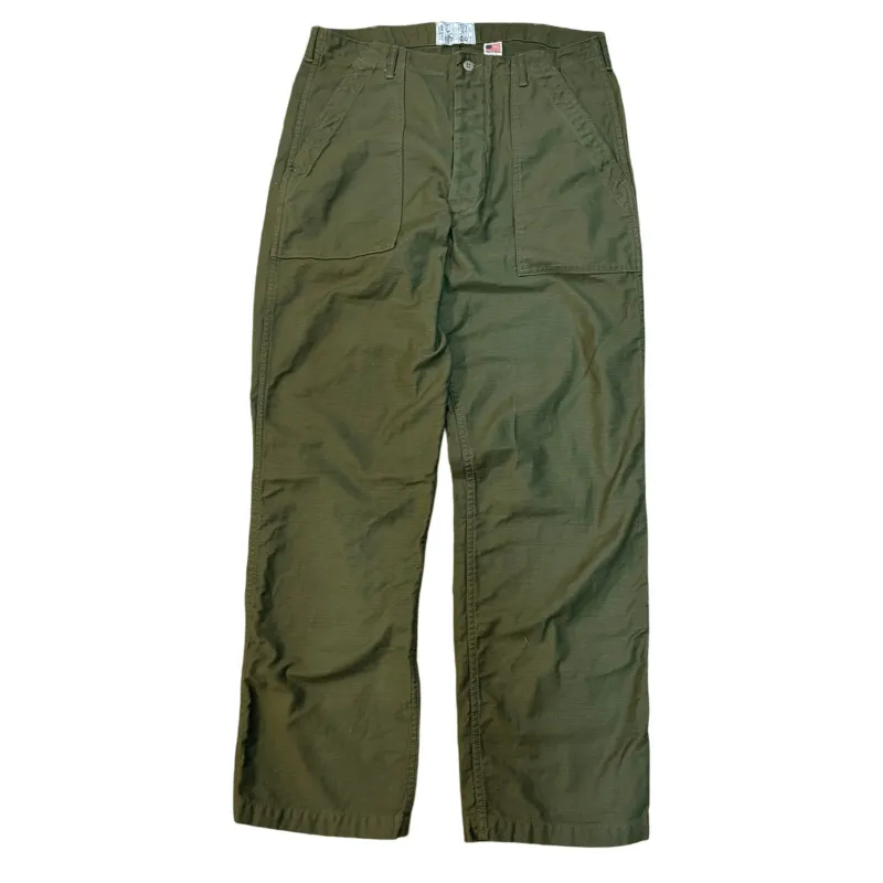 OG-107 60's era GI chinos in 12 oz West Point Olive Baker Back Cotton Satin sold by Left Field
