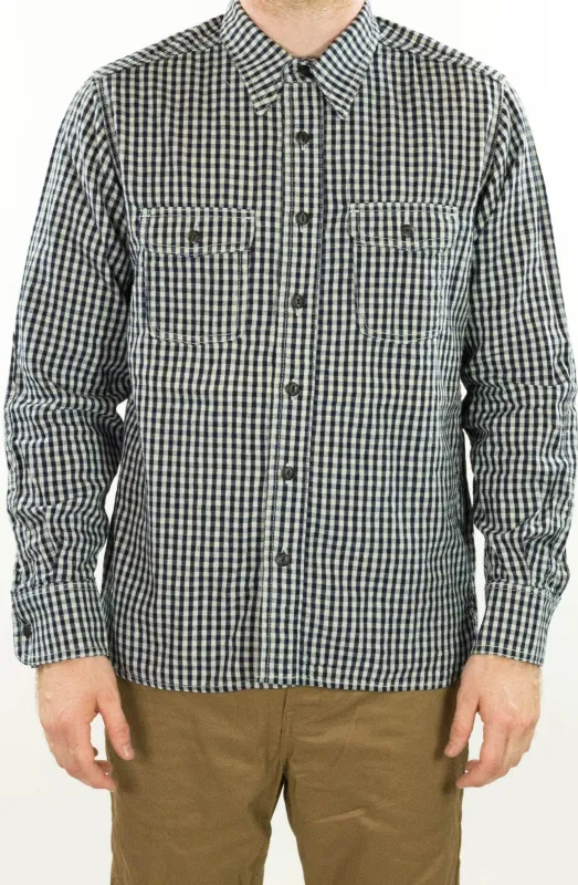 Nihon Menpu linen/cotton selvedge Indigo gingham Dust Bowl Workshirt sold by Left Field