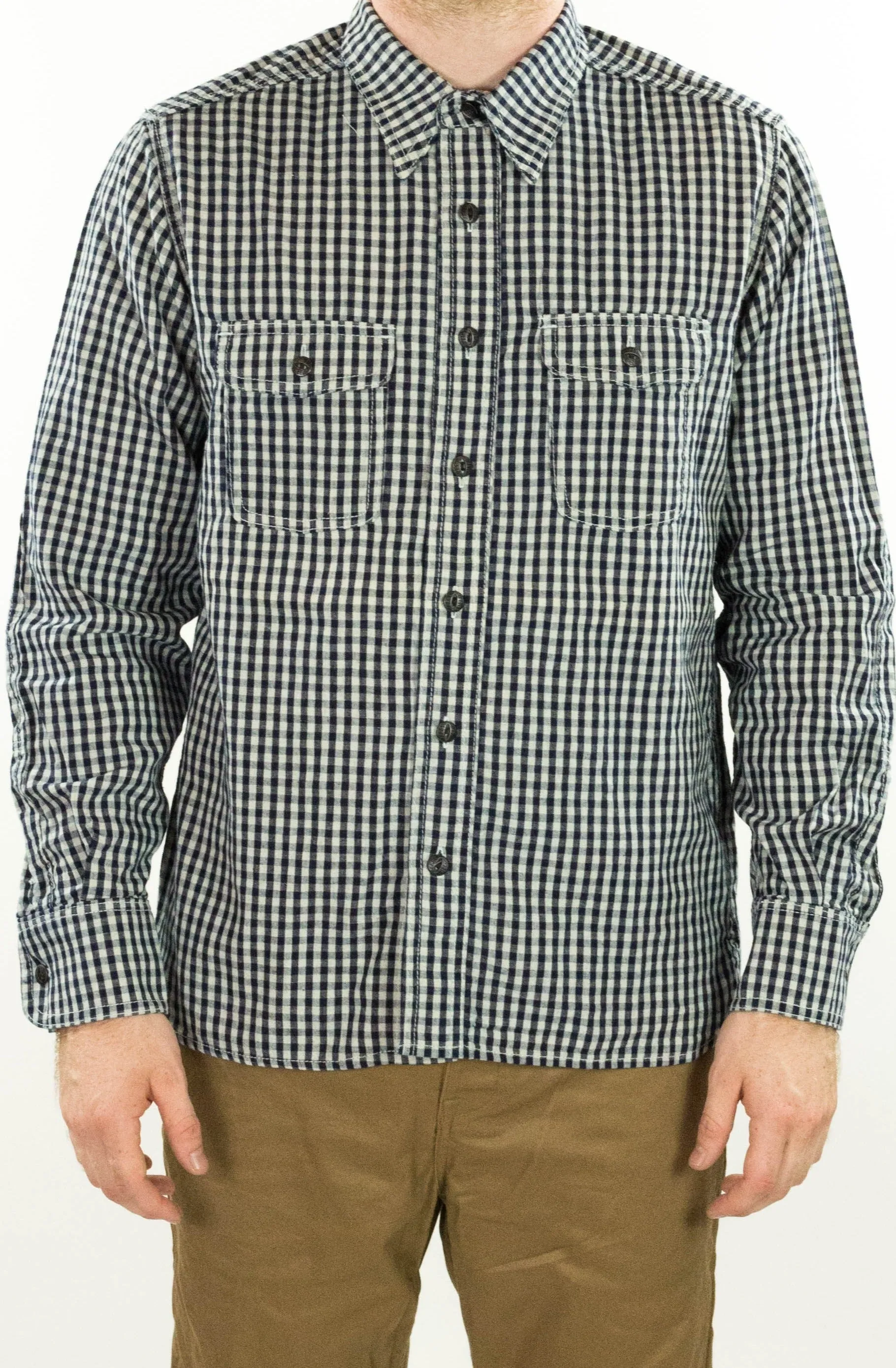 Nihon Menpu linen/cotton selvedge Indigo gingham Dust Bowl Workshirt sold by Left Field