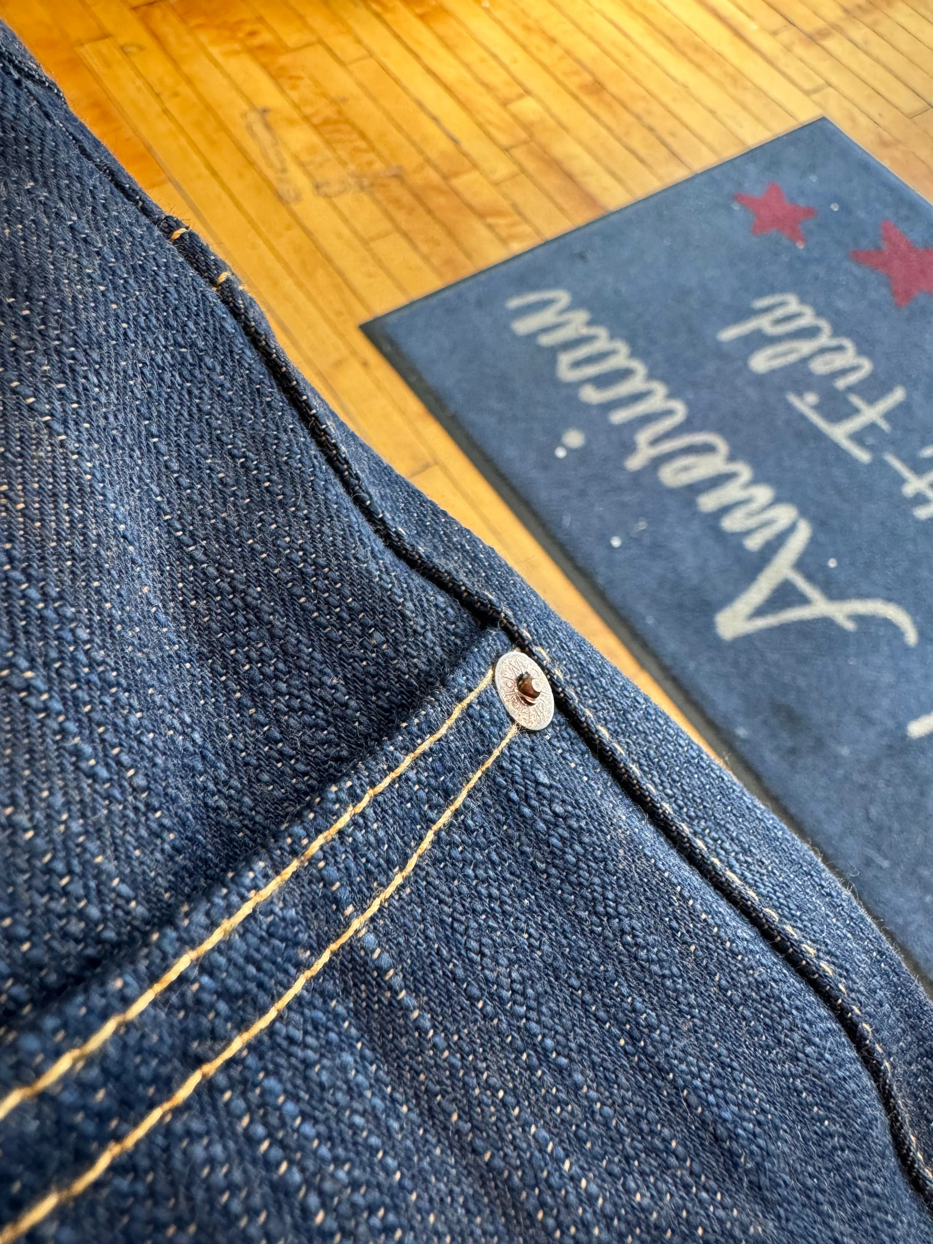 Smokestack 17 oz Awa Shoai natural hank dyed Indigo/Kakishibu weft Tokushima slub jeans sold by Left Field product image thumbnail 5