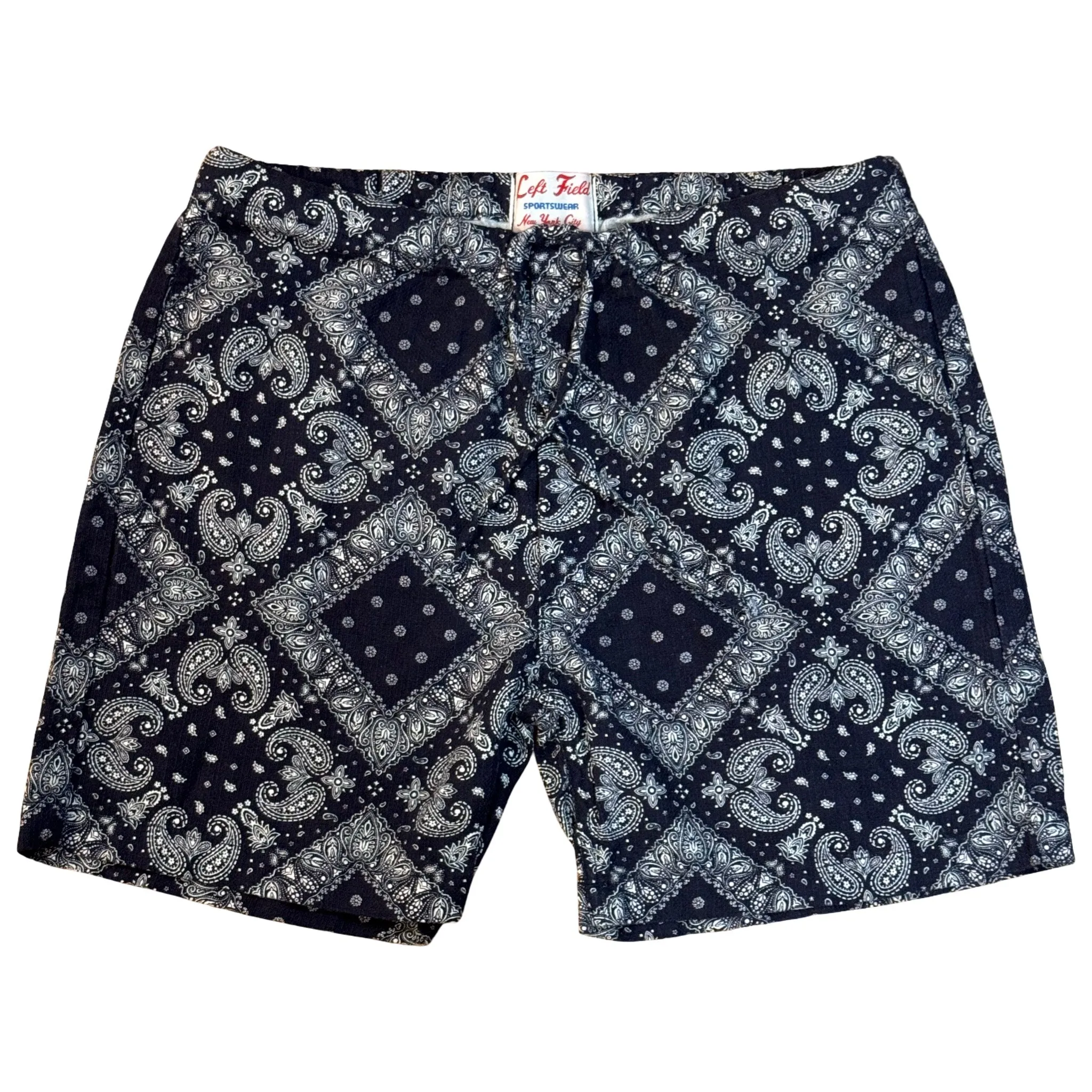 Japanese linen cotton navy paisely drawstring Shorts sold by Left Field