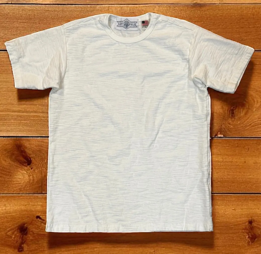 White super slub heavyweight loop wheel (Tsuri Knit) tee sold by Left Field