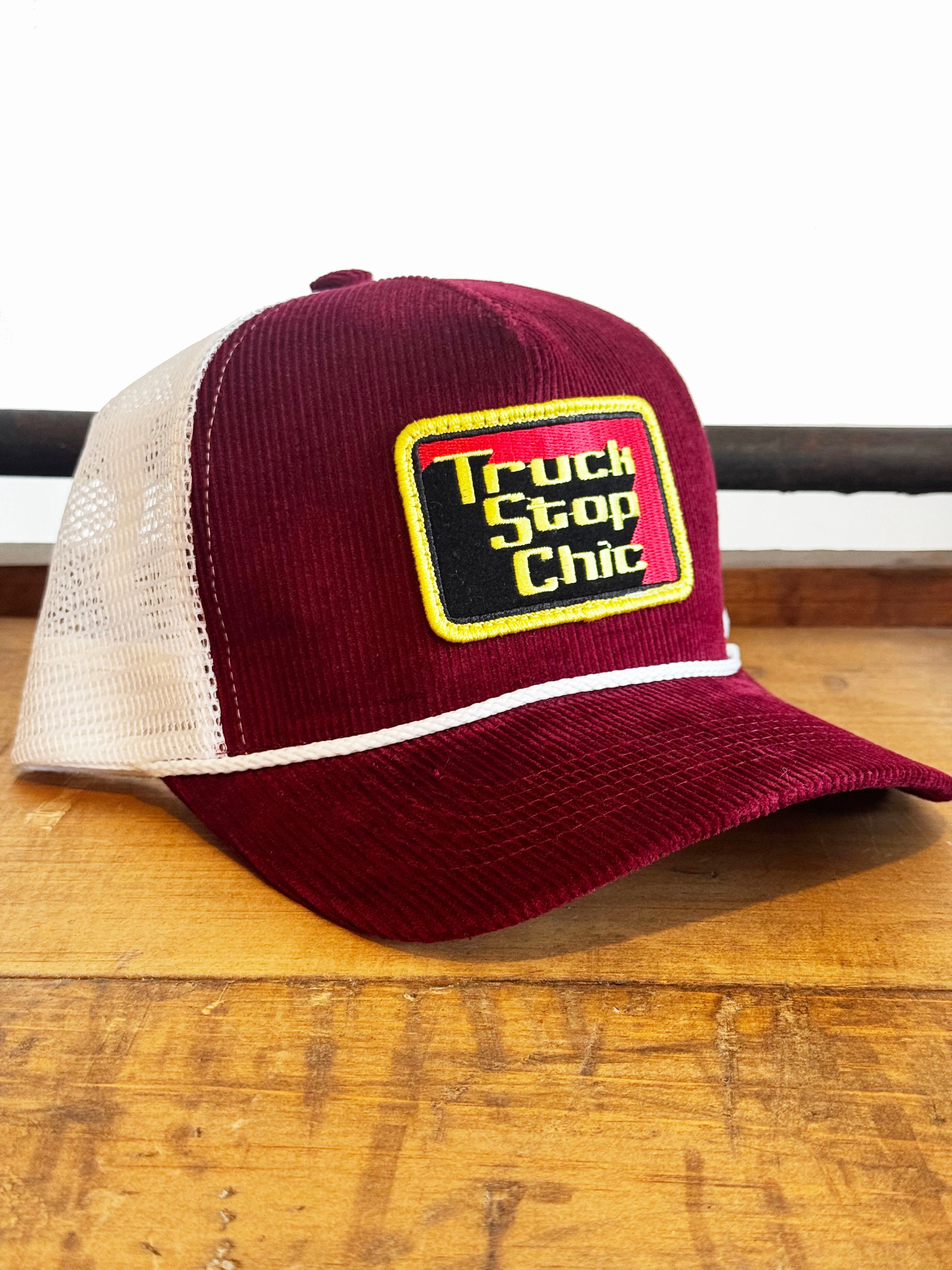 Maroon cord on white mesh LF/Truck Stop Chic trucker hat sold by Left Field