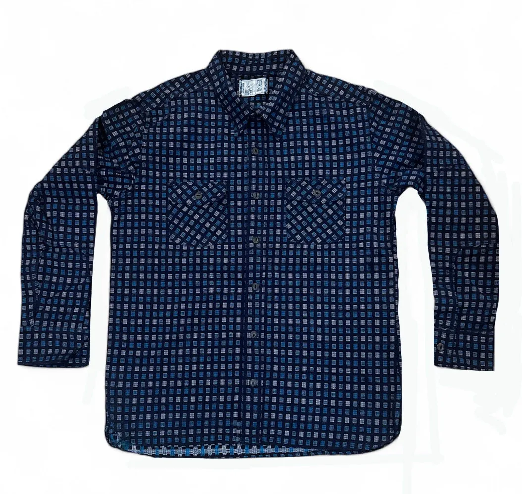 Hanten aqua and white Jacquard check Indigo Farmer Cloth work shirt. sold by Left Field