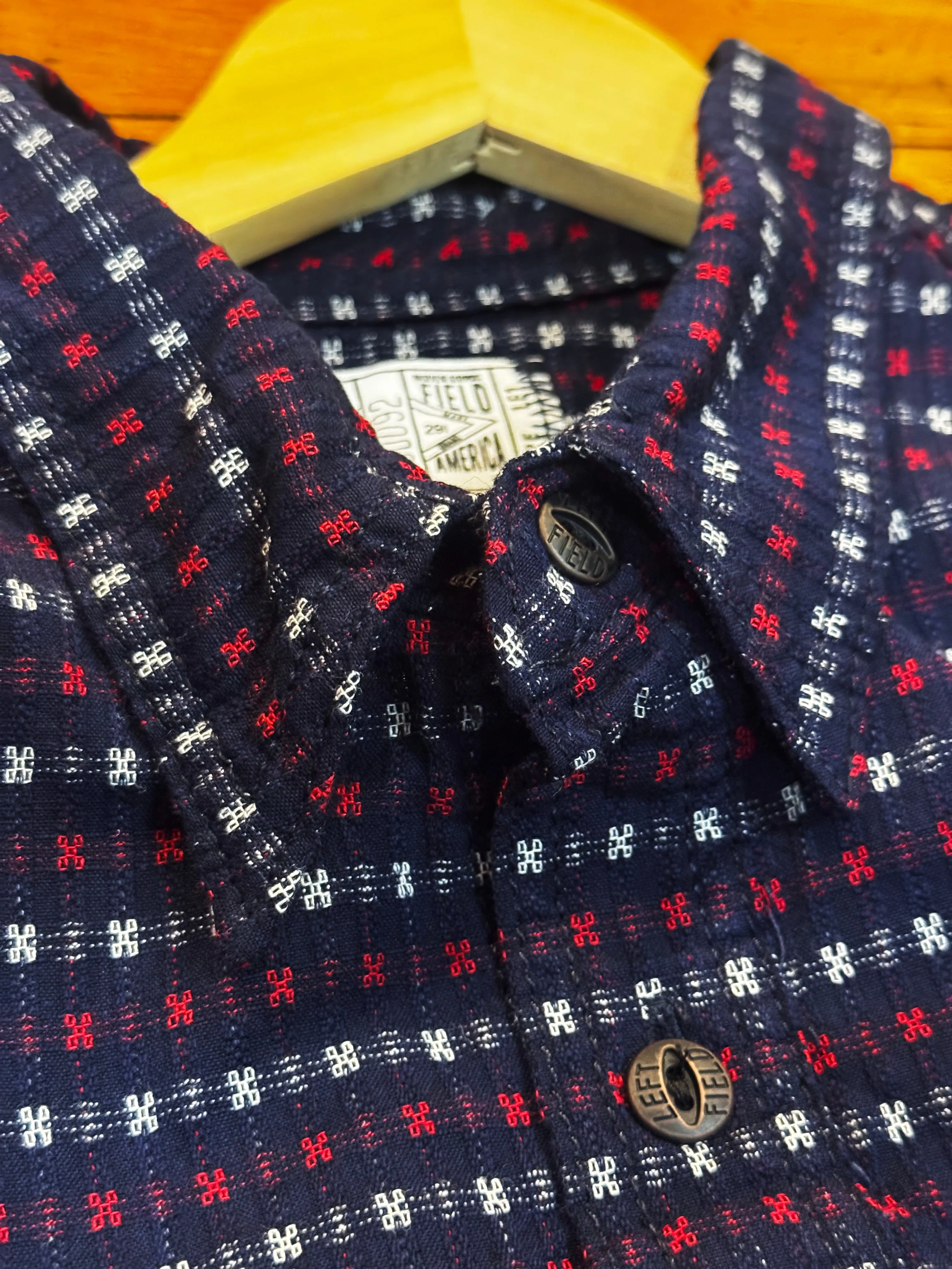 Hanten red & white jacquard check Indigo Farmer Cloth Work Shirt sold by Left Field product image thumbnail 3