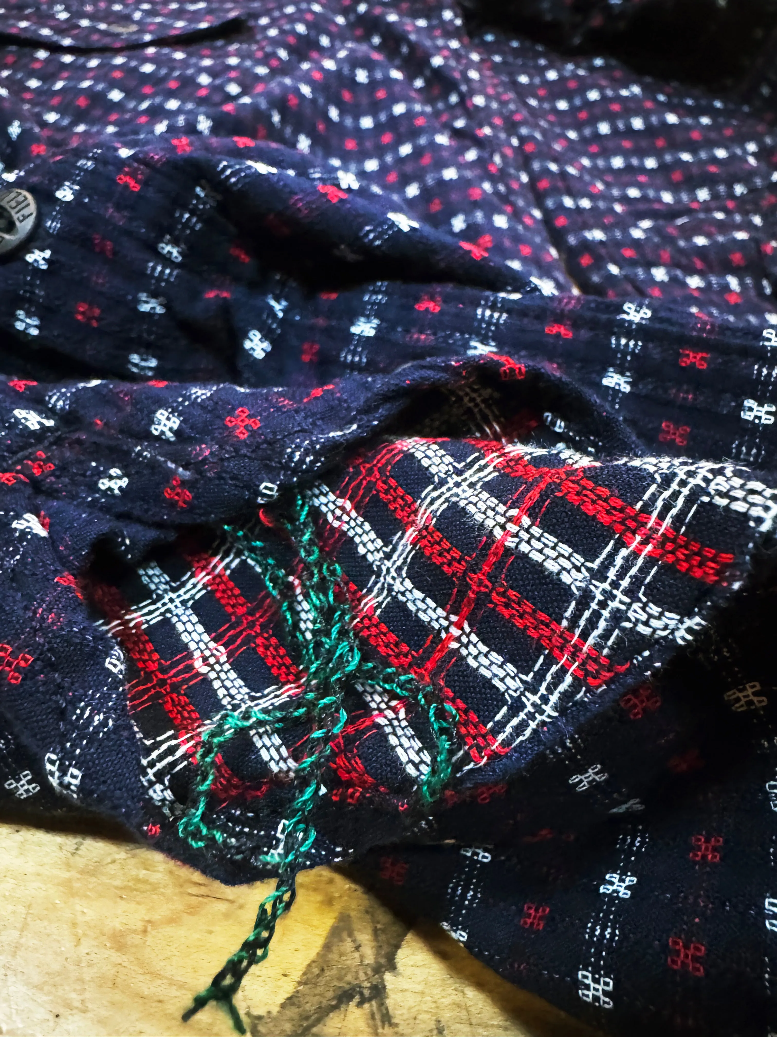 Hanten red & white jacquard check Indigo Farmer Cloth Work Shirt sold by Left Field product image thumbnail 4