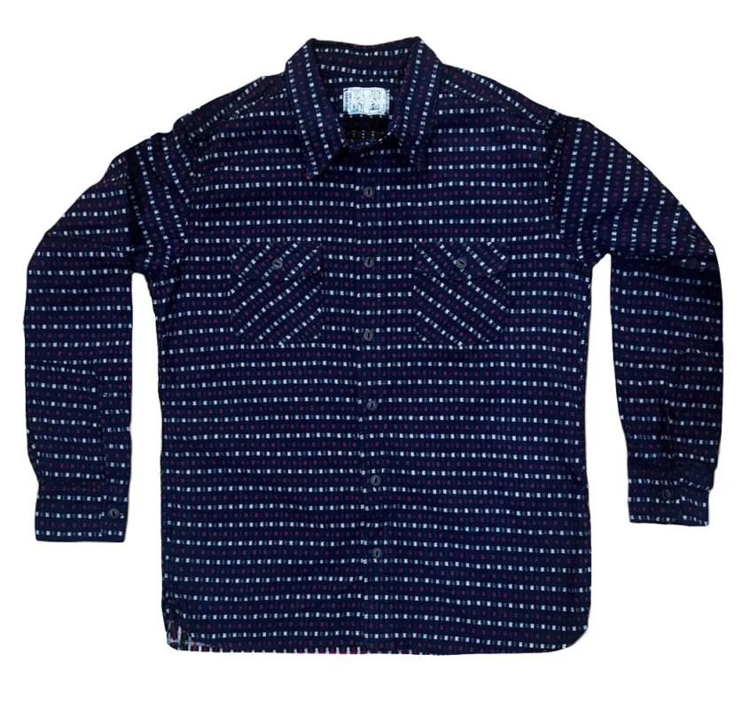 Hanten red & white jacquard check Indigo Farmer Cloth Work Shirt sold by Left Field