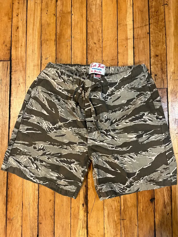 Japanese Tiger Stripe/ Leopard print drawstring shorts sold by Left Field