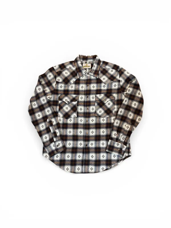 Japanese Western flannel with brown Trocus Pearl snap buttons made by Left Field